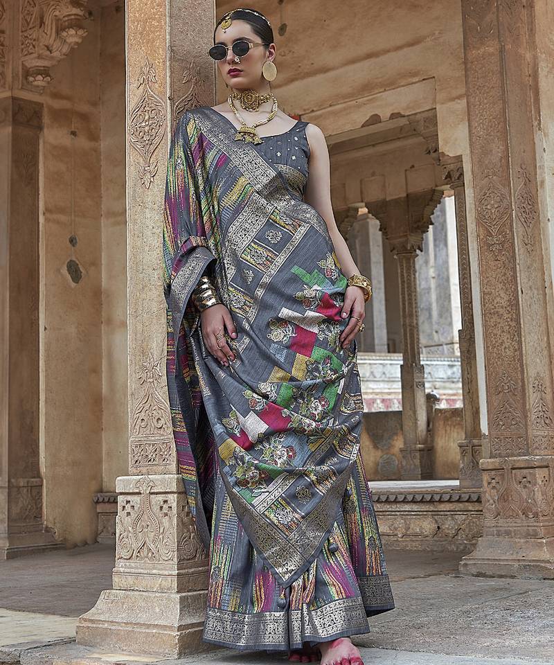 grey soft silk blend woven patola printed saree