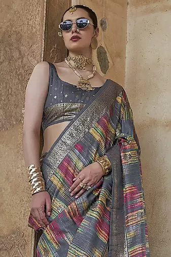 grey soft silk blend woven patola printed saree