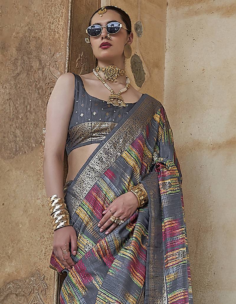 grey soft silk blend woven patola printed saree