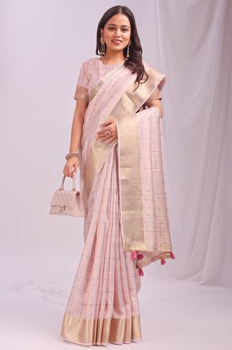 peach color cheks zari border orgenza saree with blouse