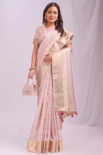 peach color cheks zari border orgenza saree with blouse