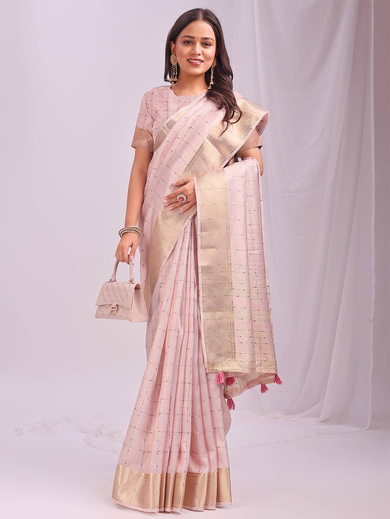 peach color cheks zari border orgenza saree with blouse