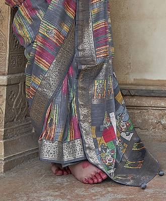 grey soft silk blend woven patola printed saree 4