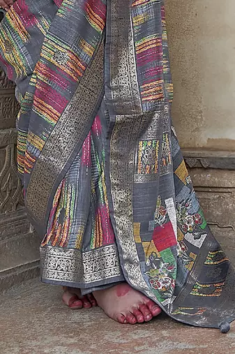 grey soft silk blend woven patola printed saree
