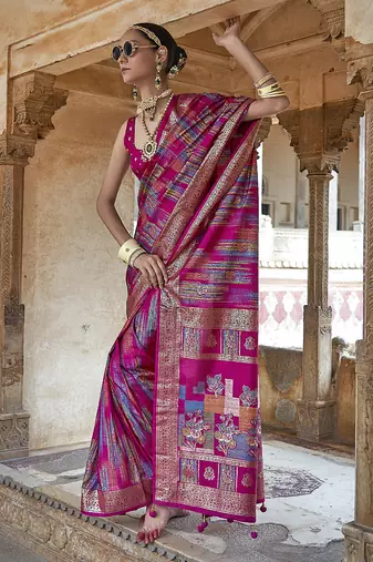 pink soft silk blend woven patola printed saree