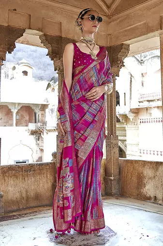pink soft silk blend woven patola printed saree