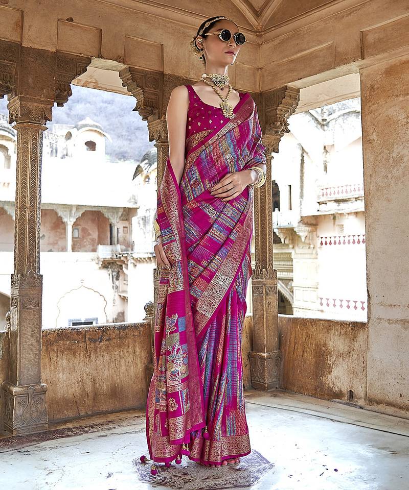 pink soft silk blend woven patola printed saree