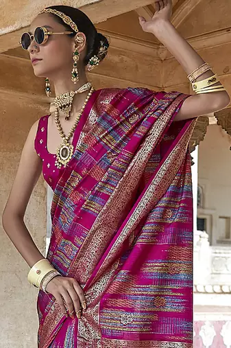 pink soft silk blend woven patola printed saree