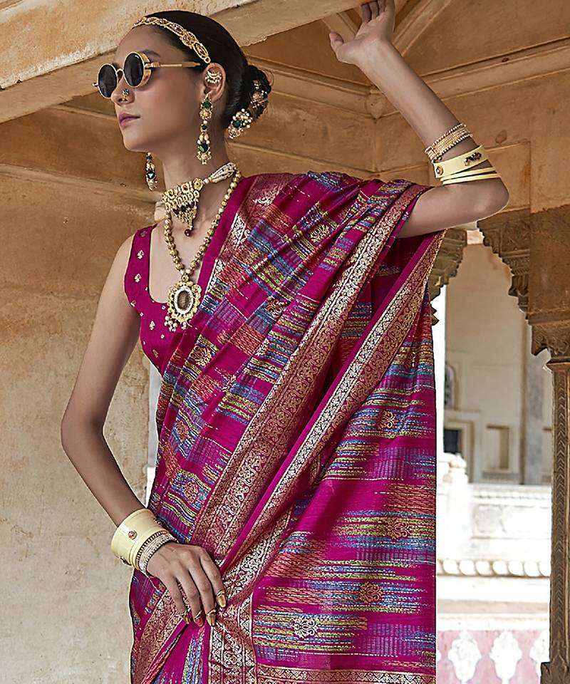 pink soft silk blend woven patola printed saree