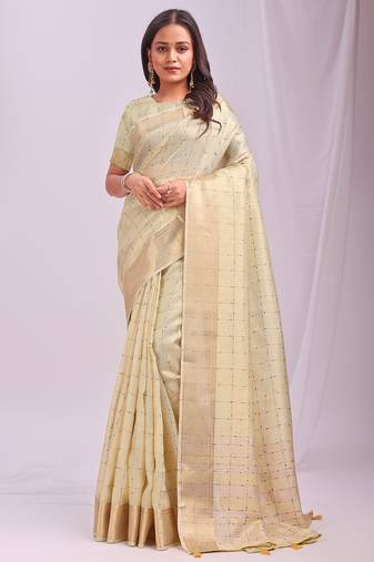 gold color cheks zari border orgenza saree with blouse