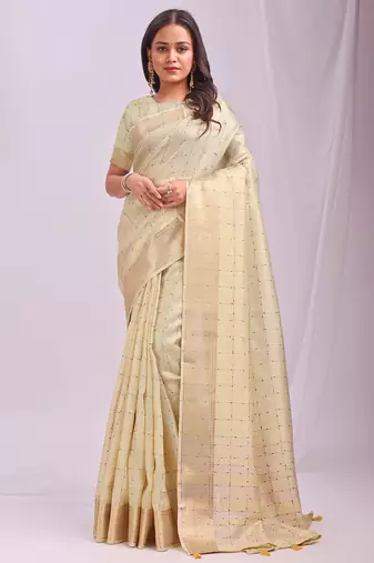 gold color cheks zari border orgenza saree with blouse