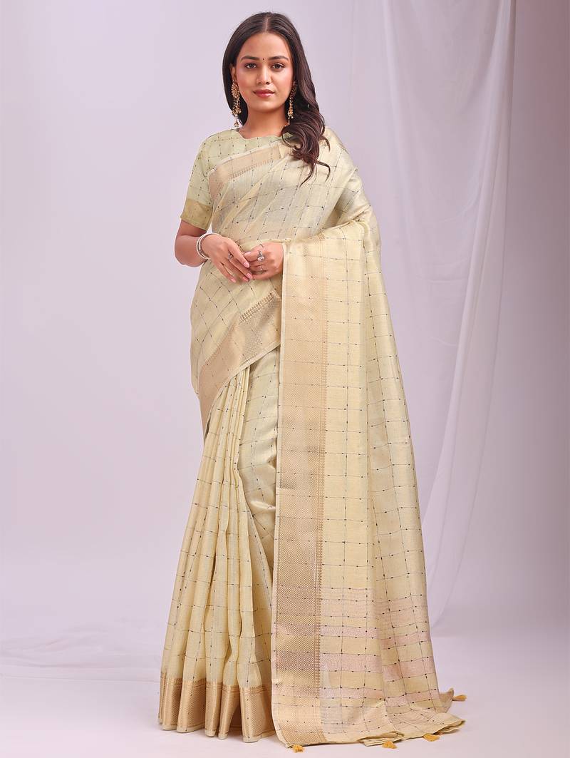 gold color cheks zari border orgenza saree with blouse