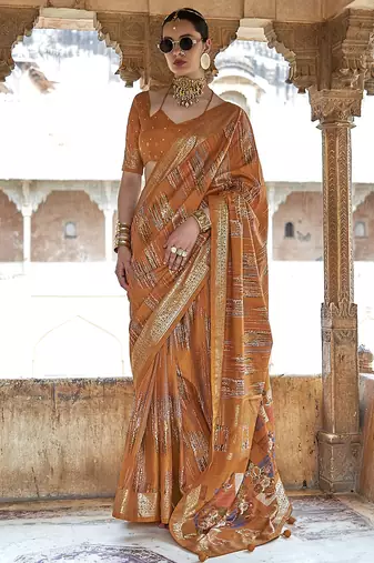mustard yellow soft silk blend woven patola printed saree