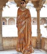 mustard yellow soft silk blend woven patola printed saree