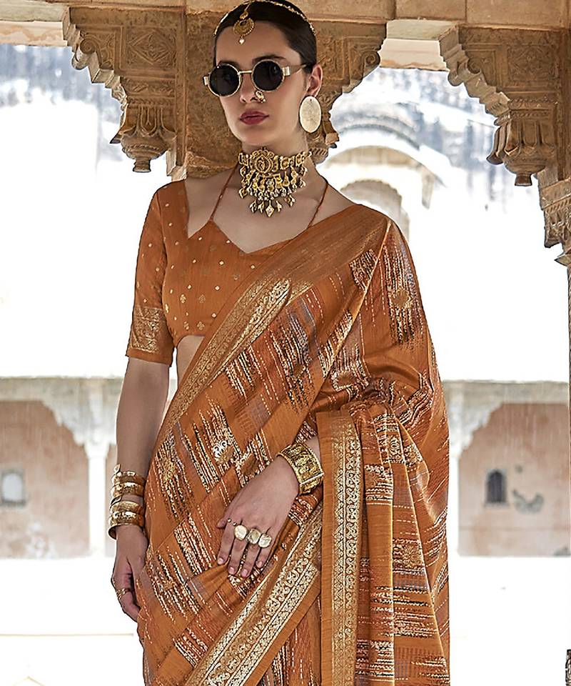 mustard yellow soft silk blend woven patola printed saree