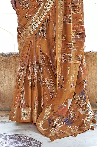 mustard yellow soft silk blend woven patola printed saree