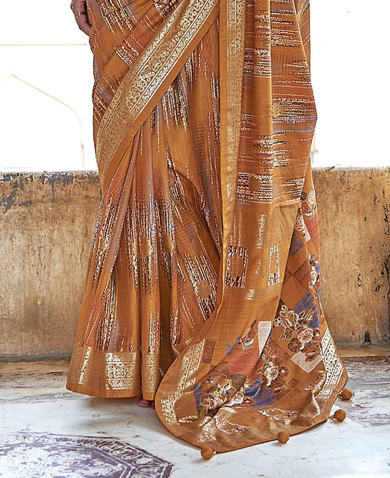mustard yellow soft silk blend woven patola printed saree