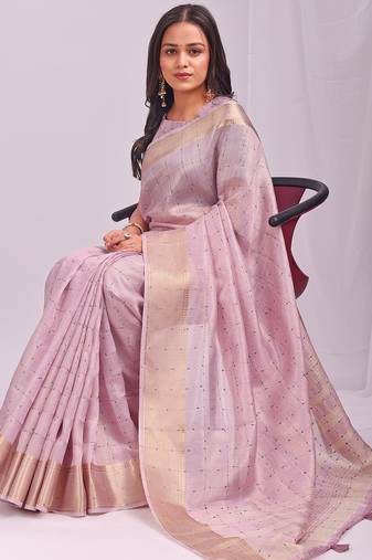 light pink color cheks zari border orgenza saree with blouse