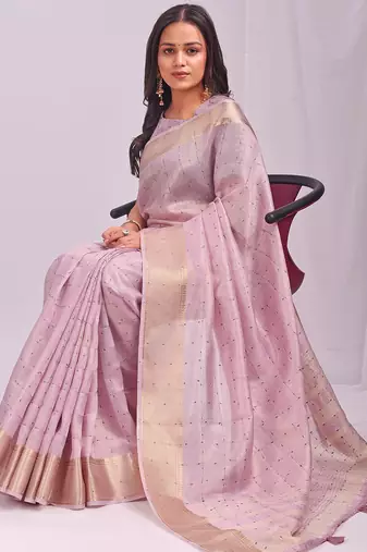 light pink color cheks zari border orgenza saree with blouse