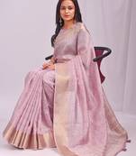 light pink color cheks zari border orgenza saree with blouse