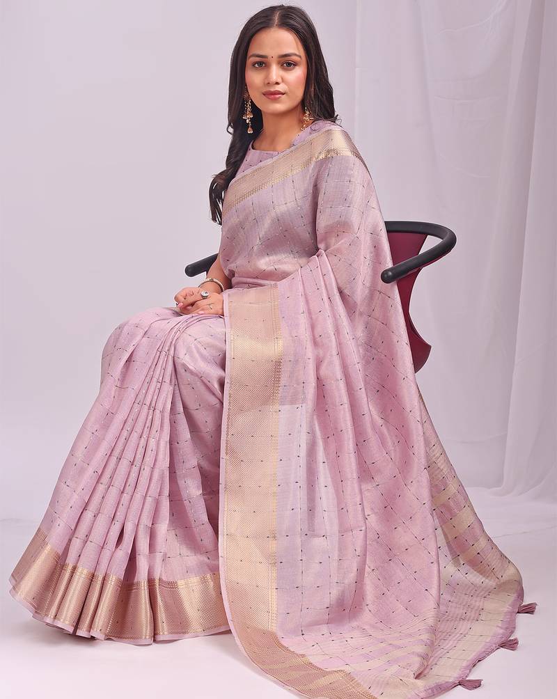 light pink color cheks zari border orgenza saree with blouse