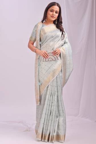 sky blue color cheks zari border orgenza saree with blouse