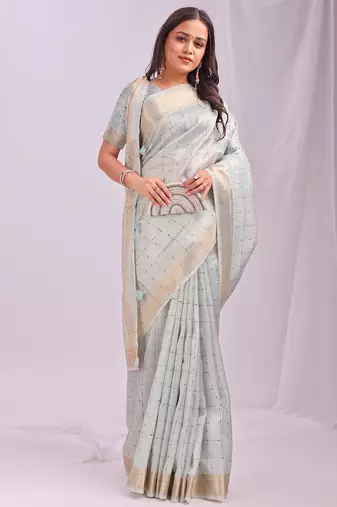 sky blue color cheks zari border orgenza saree with blouse