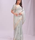 sky blue color cheks zari border orgenza saree with blouse