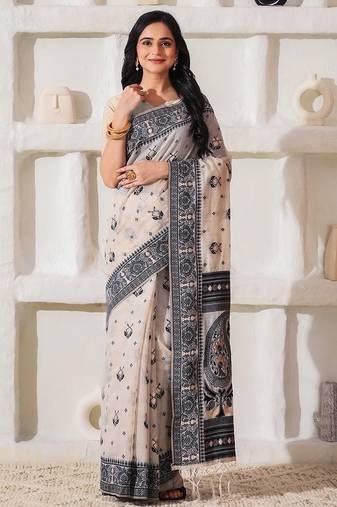 cream & black color linen cotton saree with blouse