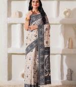 cream & black color linen cotton saree with blouse