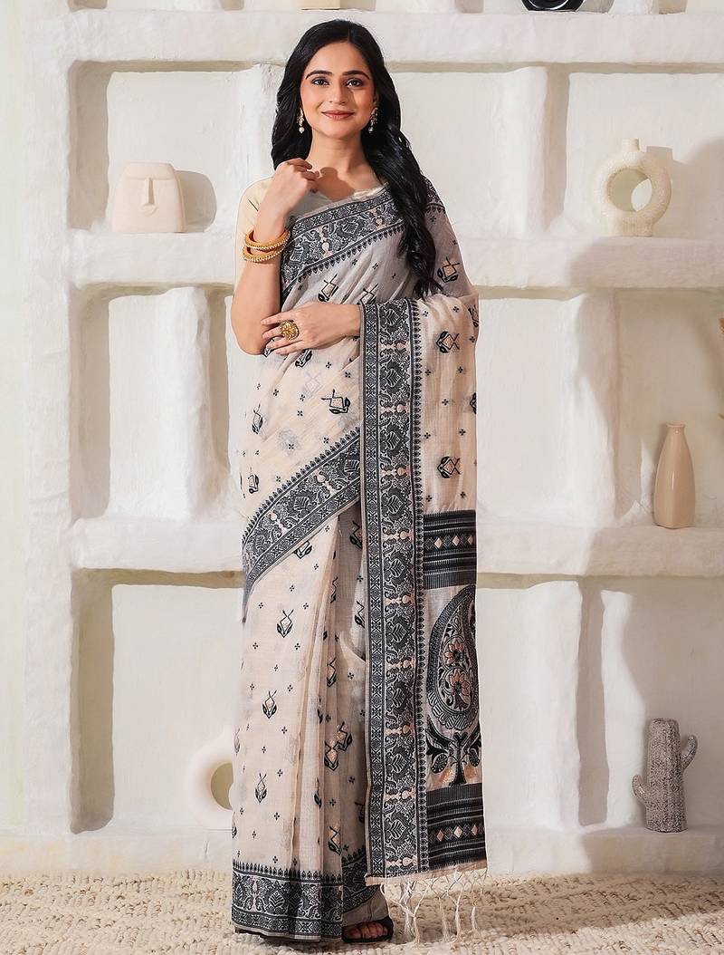 cream & black color linen cotton saree with blouse