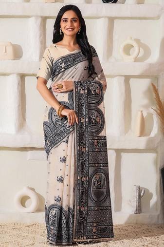 cream & black color linen cotton saree with blouse