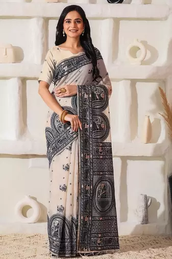 cream & black color linen cotton saree with blouse