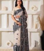 cream & black color linen cotton saree with blouse