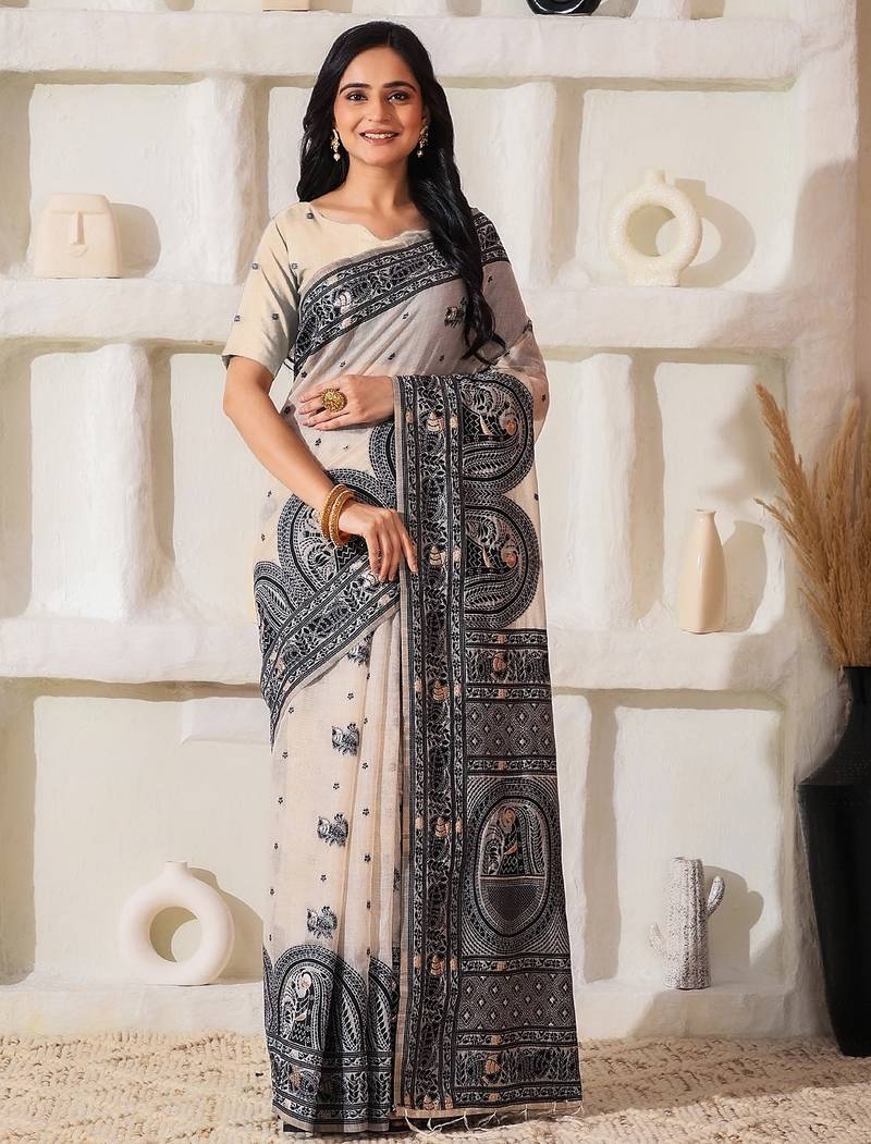 cream & black color linen cotton saree with blouse