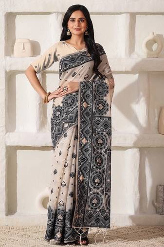 cream & black color linen cotton saree with blouse