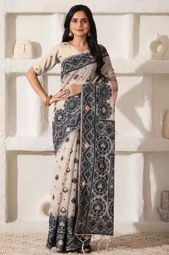 cream & black color linen cotton saree with blouse