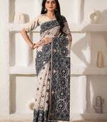 cream & black color linen cotton saree with blouse