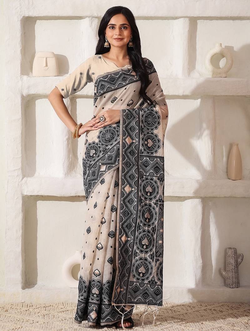 cream & black color linen cotton saree with blouse