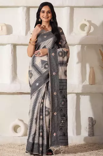 cream & black color linen cotton saree with blouse
