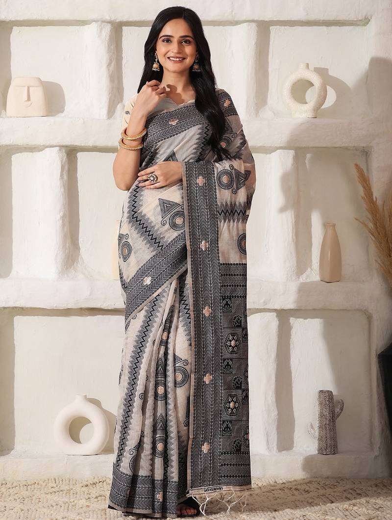 cream & black color linen cotton saree with blouse