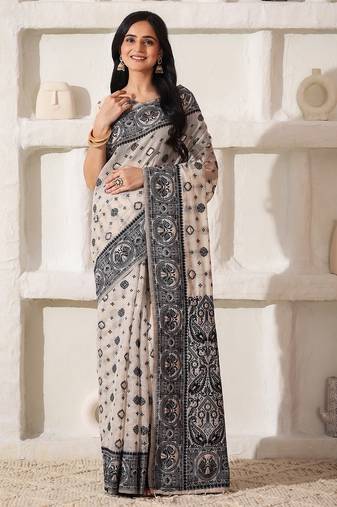 cream & black color linen cotton saree with blouse