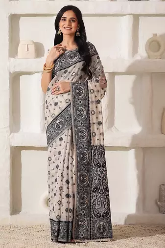 cream & black color linen cotton saree with blouse