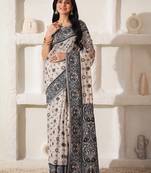 cream & black color linen cotton saree with blouse