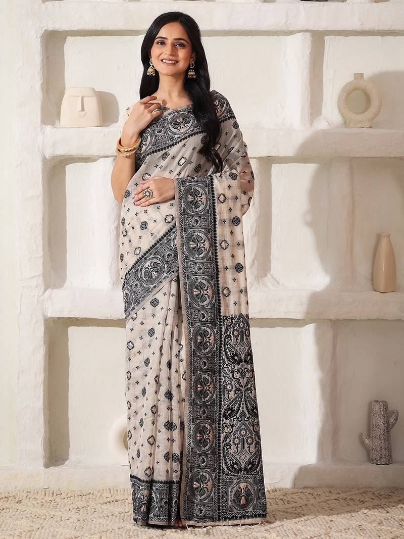 cream & black color linen cotton saree with blouse