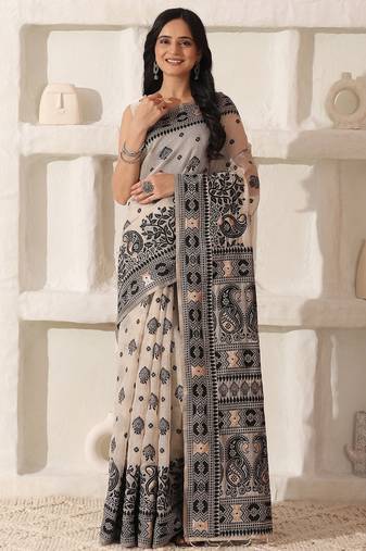 cream & black color linen cotton saree with blouse