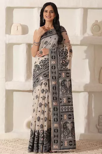 cream & black color linen cotton saree with blouse