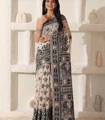 cream & black color linen cotton saree with blouse