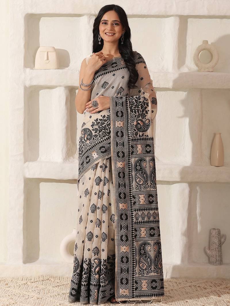 cream & black color linen cotton saree with blouse