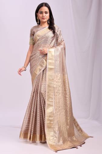 Beige color zari lining border orgenz saree with blouse